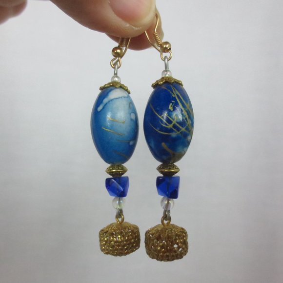 Bright Blue & Gold Art Splash Boho Dangle Earrings - Picture 3 of 6